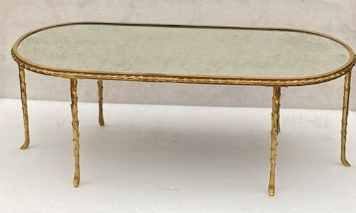 1970′ Maison Charles Oval Coffe Table, Jansen Or Baguès Palm Tree Decor in Gilt Bronze with Aged Mirror Tops 112 X 48 X H 40 CM - Image 2