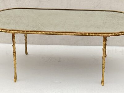 1970′ Maison Charles Oval Coffe Table, Jansen Or Baguès Palm Tree Decor in Gilt Bronze with Aged Mirror Tops 112 X 48 X H 40 CM