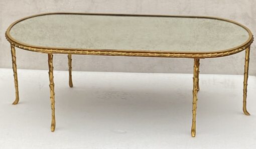 1970′ Maison Charles Oval Coffe Table, Jansen Or Baguès Palm Tree Decor in Gilt Bronze with Aged Mirror Tops 112 X 48 X H 40 CM