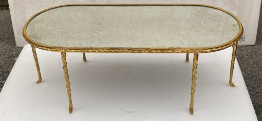1970′ Maison Charles Oval Coffe Table, Jansen Or Baguès Palm Tree Decor in Gilt Bronze with Aged Mirror Tops 112 X 48 X H 40 CM - Image 4