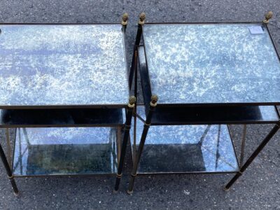 1950/70′ Pair of Brass Shelves with 3 Tiers Aged Oxidized Mirrors Maison Baguès with Cross Bars with Daisies