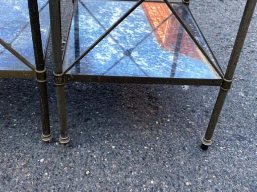 1950/70′ Pair of Brass Shelves with 3 Tiers Aged Oxidized Mirrors Maison Baguès with Cross Bars with Daisies - Image 8