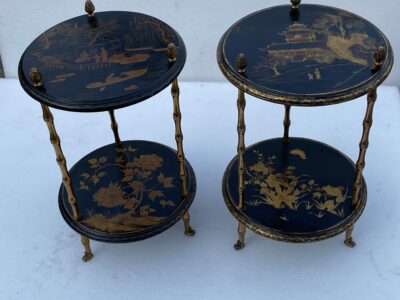 1970′ Pair Of Pedestal Tables Or Similar Maison Baguès Style Bamboo Decor In Gilt Bronze With Chinese Lacquer Trays (HOLD)