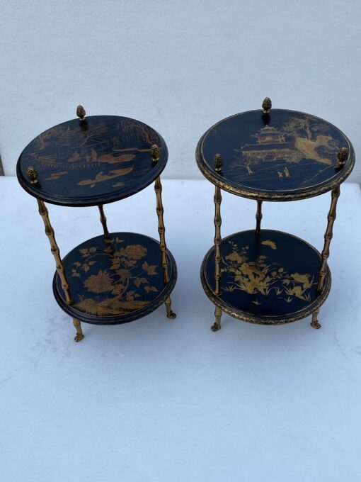1970′ Pair Of Pedestal Tables Or Similar Maison Baguès Style Bamboo Decor In Gilt Bronze With Chinese Lacquer Trays (HOLD)