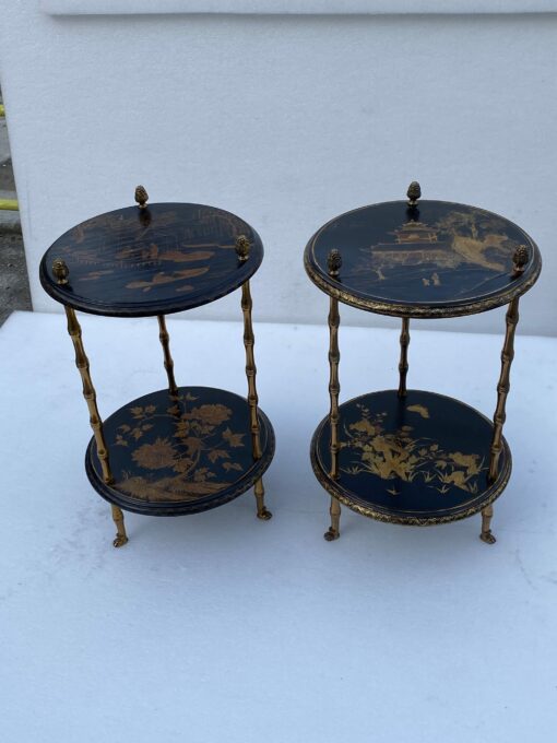 1970′ Pair Of Pedestal Tables Or Similar Maison Baguès Style Bamboo Decor In Gilt Bronze With Chinese Lacquer Trays (HOLD) - Image 10