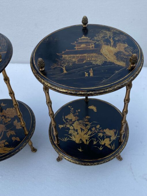 1970′ Pair Of Pedestal Tables Or Similar Maison Baguès Style Bamboo Decor In Gilt Bronze With Chinese Lacquer Trays (HOLD) - Image 9