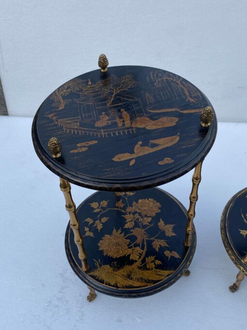 1970′ Pair Of Pedestal Tables Or Similar Maison Baguès Style Bamboo Decor In Gilt Bronze With Chinese Lacquer Trays (HOLD) - Image 8