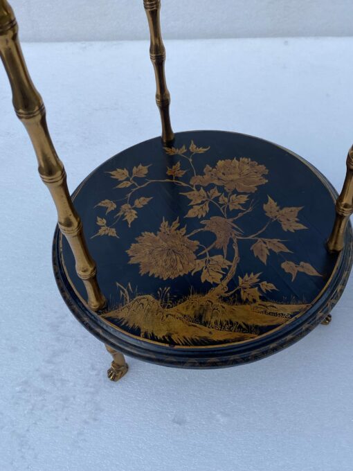 1970′ Pair Of Pedestal Tables Or Similar Maison Baguès Style Bamboo Decor In Gilt Bronze With Chinese Lacquer Trays (HOLD) - Image 7