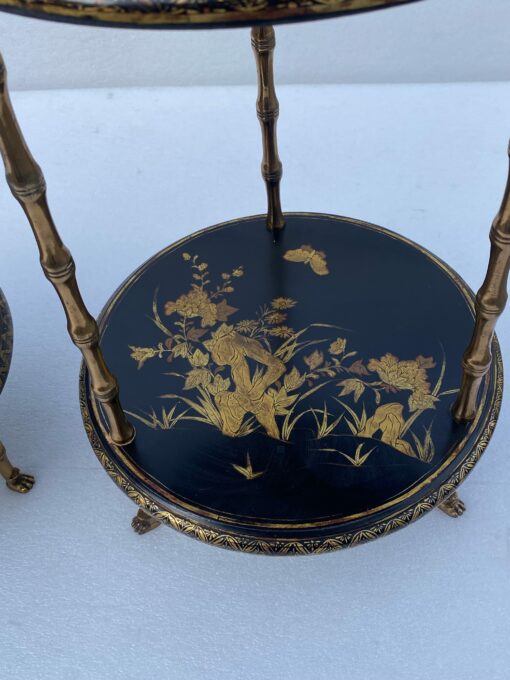 1970′ Pair Of Pedestal Tables Or Similar Maison Baguès Style Bamboo Decor In Gilt Bronze With Chinese Lacquer Trays (HOLD) - Image 6