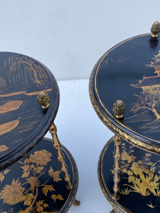 1970′ Pair Of Pedestal Tables Or Similar Maison Baguès Style Bamboo Decor In Gilt Bronze With Chinese Lacquer Trays (HOLD) - Image 5