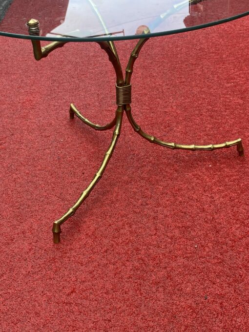 1970′ Maison Baguès Bamboo Pedestal Table in Bronze With Glass Top Ø 60 H 45 cm - Image 7