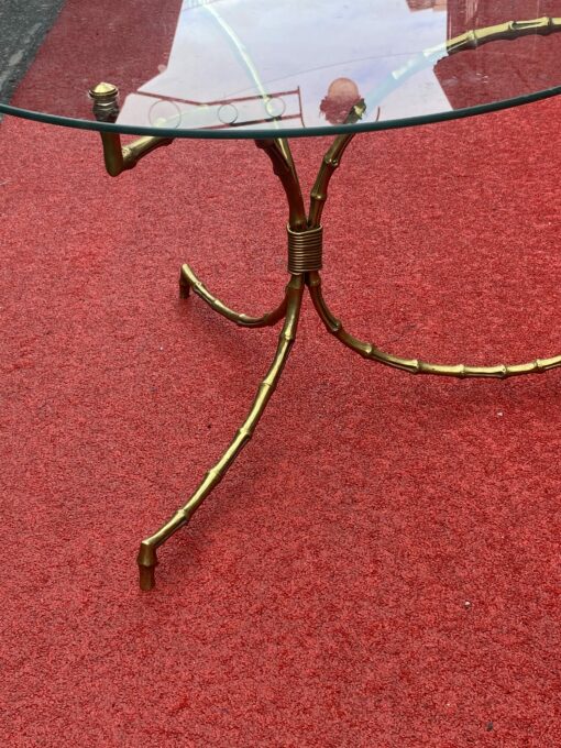 1970′ Maison Baguès Bamboo Pedestal Table in Bronze With Glass Top Ø 60 H 45 cm - Image 6