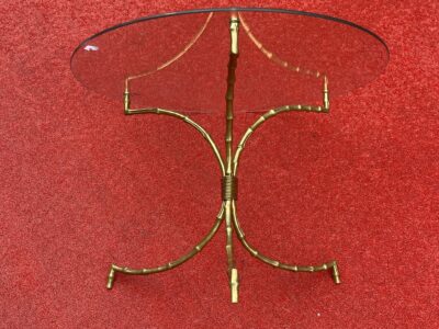 1970′ Maison Baguès Bamboo Pedestal Table in Bronze With Glass Top Ø 60 H 45 cm