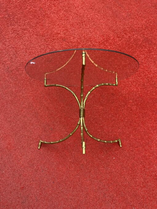1970′ Maison Baguès Bamboo Pedestal Table in Bronze With Glass Top Ø 60 H 45 cm