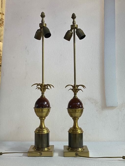 1970′ Pair Of Maison Charles Style Bronze Lamps With Amber Colored Bakelite Egg