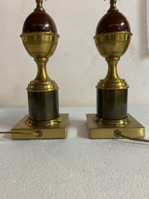 1970′ Pair Of Maison Charles Style Bronze Lamps With Amber Colored Bakelite Egg - Image 8