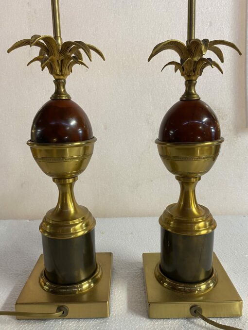 1970′ Pair Of Maison Charles Style Bronze Lamps With Amber Colored Bakelite Egg - Image 7