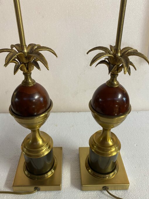 1970′ Pair Of Maison Charles Style Bronze Lamps With Amber Colored Bakelite Egg - Image 6