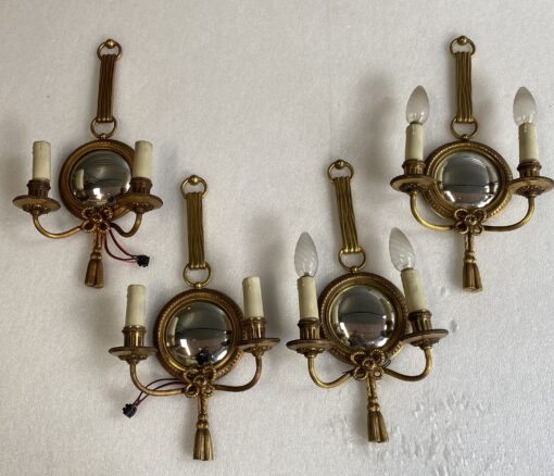 1950/70′  2 Pairs of Sconces in Gilted Bronze With Convex Mirror Petitot Signed