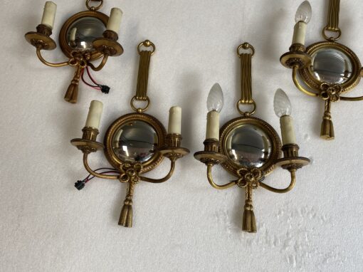 1950/70′  2 Pairs of Sconces in Gilted Bronze With Convex Mirror Petitot Signed - Image 4