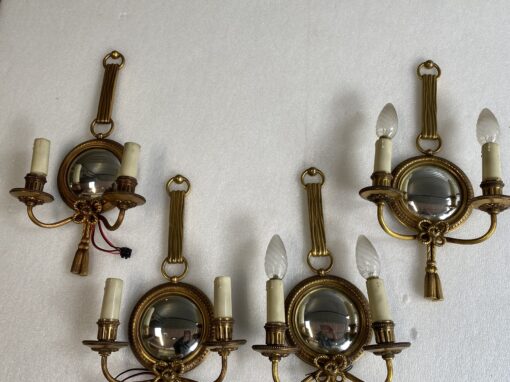 1950/70′  2 Pairs of Sconces in Gilted Bronze With Convex Mirror Petitot Signed - Image 5