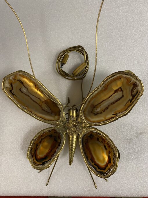 1970’ Applique Papillon en Bronze ou Laiton, Duval Brasseur Ou Isabelle Faure, 4 Ampoules, Ailes d’Agate : 28 X H 60 cm – Image 17