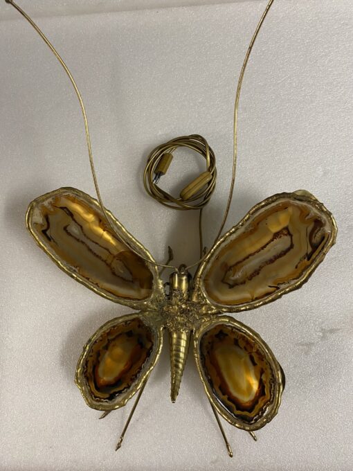 1970’ Applique Papillon en Bronze ou Laiton, Duval Brasseur Ou Isabelle Faure, 4 Ampoules, Ailes d’Agate : 28 X H 60 cm – Image 16