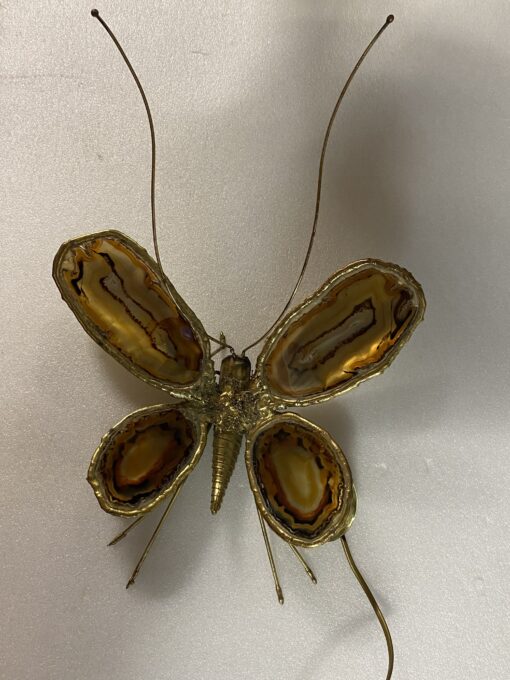 1970’ Applique Papillon en Bronze ou Laiton, Duval Brasseur Ou Isabelle Faure, 4 Ampoules, Ailes d’Agate : 28 X H 60 cm – Image 15