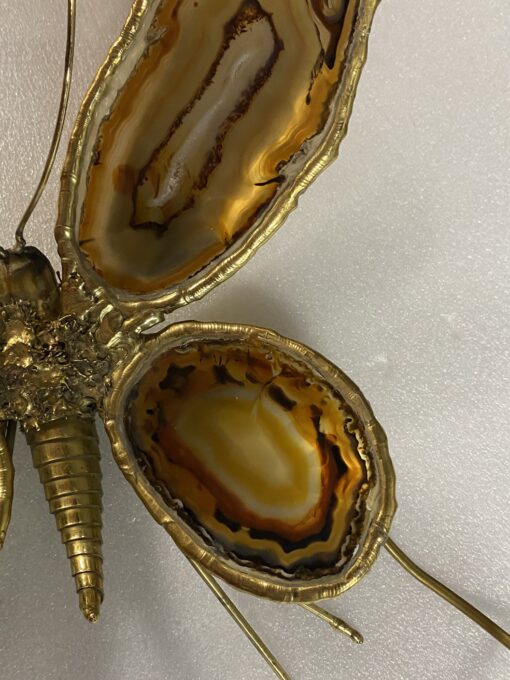 1970’ Applique Papillon en Bronze ou Laiton, Duval Brasseur Ou Isabelle Faure, 4 Ampoules, Ailes d’Agate : 28 X H 60 cm – Image 11