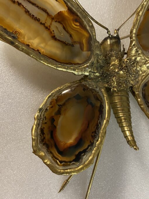 1970’ Applique Papillon en Bronze ou Laiton, Duval Brasseur Ou Isabelle Faure, 4 Ampoules, Ailes d’Agate : 28 X H 60 cm – Image 10
