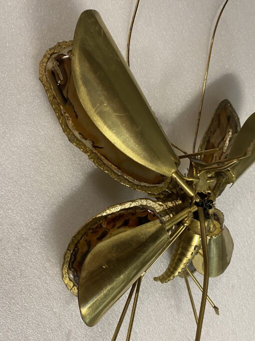 1970’ Applique Papillon en Bronze ou Laiton, Duval Brasseur Ou Isabelle Faure, 4 Ampoules, Ailes d’Agate : 28 X H 60 cm – Image 8