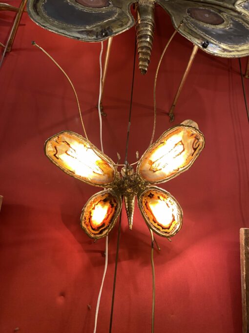 1970’ Applique Papillon en Bronze ou Laiton, Duval Brasseur Ou Isabelle Faure, 4 Ampoules, Ailes d’Agate : 28 X H 60 cm
