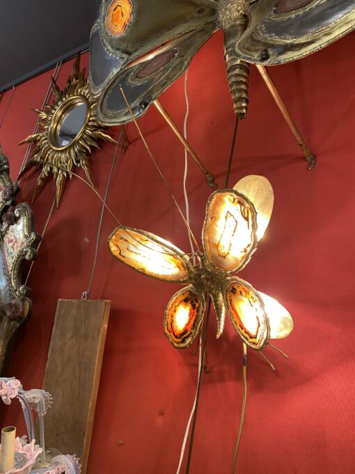 1970’ Applique Papillon en Bronze ou Laiton, Duval Brasseur Ou Isabelle Faure, 4 Ampoules, Ailes d’Agate : 28 X H 60 cm – Image 2