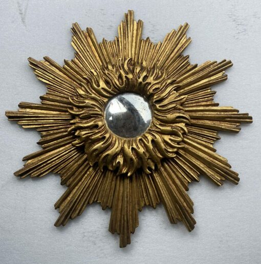 1950′ Miroir Soleil 2 Evolutions Bois Doré 75 Cm De Diamètre