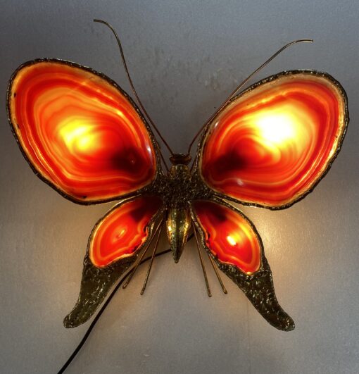1970’ Butterfly Wall Lamp in Bronze or Brass, Duval Brasseur Or Isabelle Faure, 4 Bulbs, Agate Wings: 45 x H 43 cm