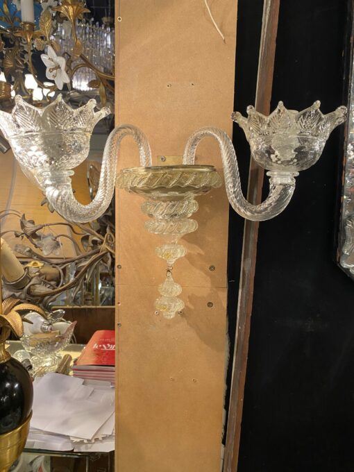 1950/70′ Pair of Wall Lamps with 2 Arms of Light in Murano Crystal With Gold Flakes 45 H X 38 X 20 cm - Image 7