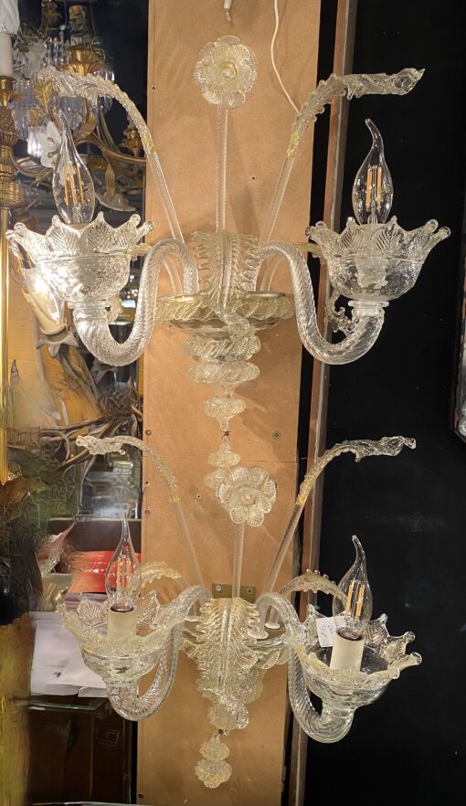 1950/70′ Pair of Wall Lamps with 2 Arms of Light in Murano Crystal With Gold Flakes 45 H X 38 X 20 cm