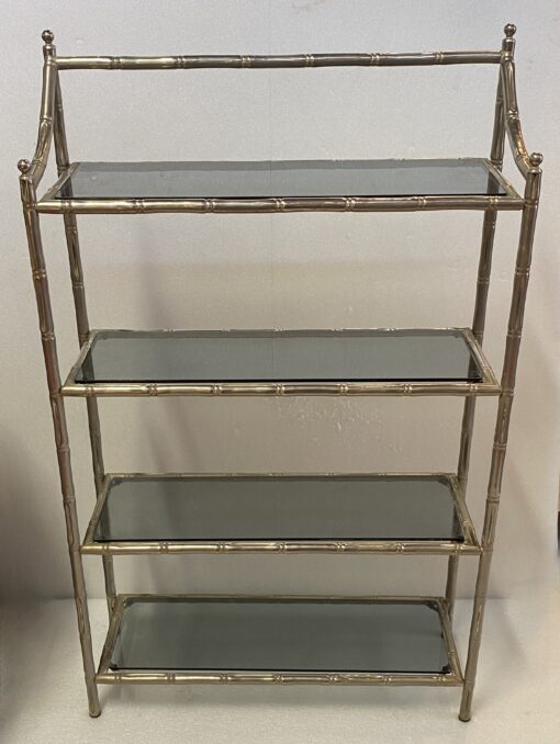 1970′ Nickel Plated Metal Shelf with 4 Tiers Maison Baguès Style Bamboo Decor Smoked Glass Trays 70 X 24 H 117 cm