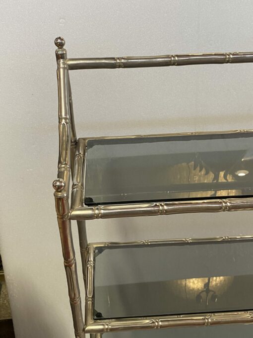 1970′ Nickel Plated Metal Shelf with 4 Tiers Maison Baguès Style Bamboo Decor Smoked Glass Trays 70 X 24 H 117 cm - Image 7