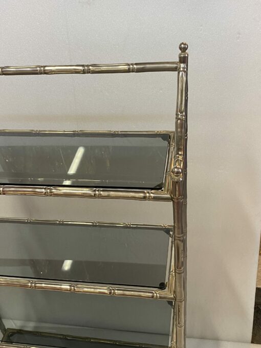 1970′ Nickel Plated Metal Shelf with 4 Tiers Maison Baguès Style Bamboo Decor Smoked Glass Trays 70 X 24 H 117 cm - Image 5