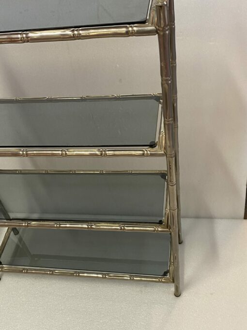 1970′ Nickel Plated Metal Shelf with 4 Tiers Maison Baguès Style Bamboo Decor Smoked Glass Trays 70 X 24 H 117 cm - Image 4