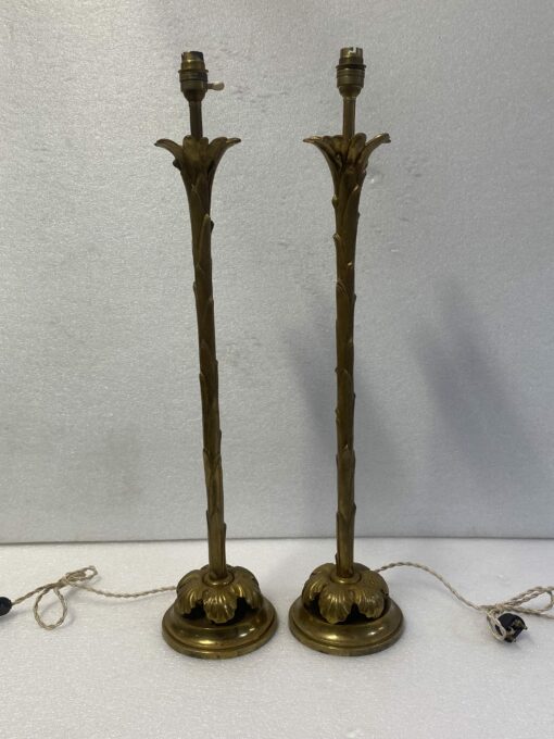 1970' Pair Of Bronze Lamps Maison Bagués Decor Palm Tree H 68 Ø 14 cm