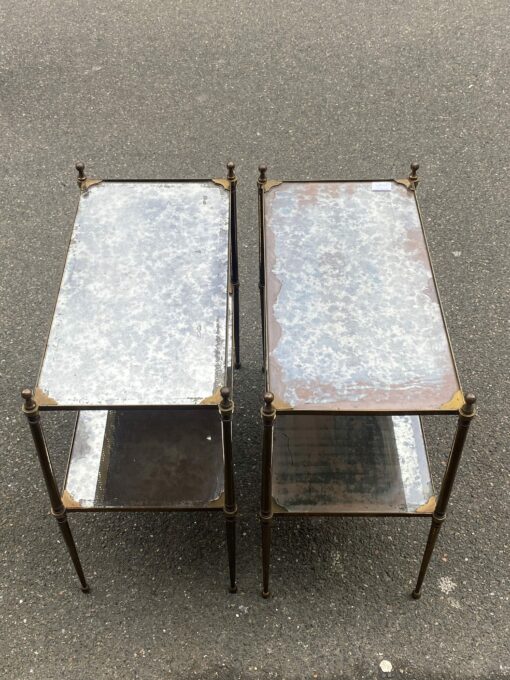 1950/70′ Pair of Maison Jansen Tables In Patinated Bronze With Vintage Mirror Tops 63 X 33 X H 61 cm