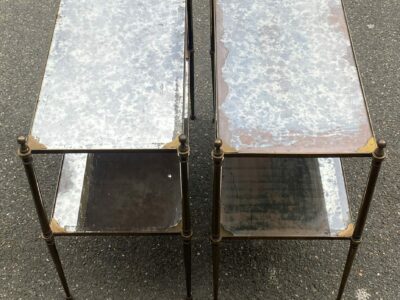 1950/70′ Paire de Tables Maison Jansen En Bronze Patiné Avec Plateaux Miroirs Vintage 63 X 33 X H 61 cm