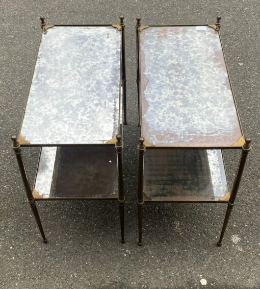 1950/70′ Paire de Tables Maison Jansen En Bronze Patiné Avec Plateaux Miroirs Vintage 63 X 33 X H 61 cm