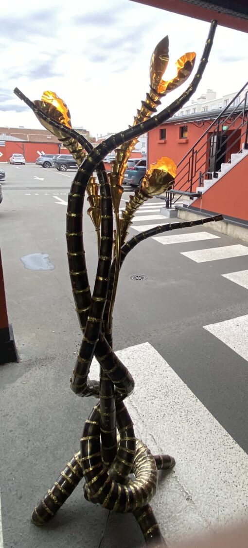 1970′ Yuka Palm Tree Floor Lamp in Brass and Patinated Iron Maison Jansen 3 Heads Brutalist Style H 215 cm - Image 14