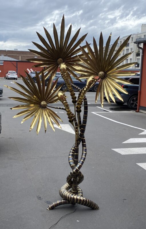 1970′ Yuka Palm Tree Floor Lamp in Brass and Patinated Iron Maison Jansen 3 Heads Brutalist Style H 215 cm
