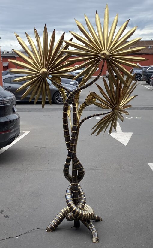 1970′ Yuka Palm Tree Floor Lamp in Brass and Patinated Iron Maison Jansen 3 Heads Brutalist Style H 215 cm - Image 8