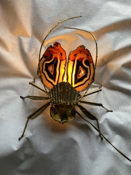 1970' Illuminating Wall Lamp Cicada in Gilt Bronze and Agates Style Duval Brasseur Or Isabelle Faure 30 X 41 cm