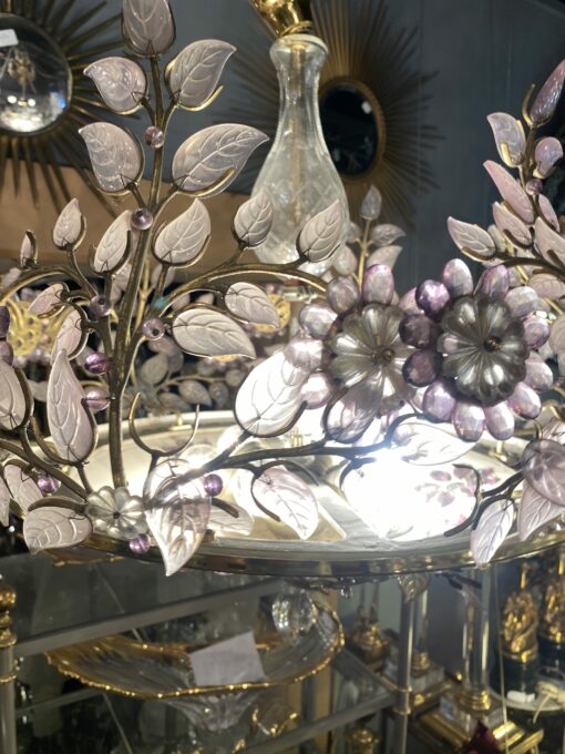1970' Lustre en Laiton Doré Style Maison Bagués Feuilles en Verre Coloré – Image 13